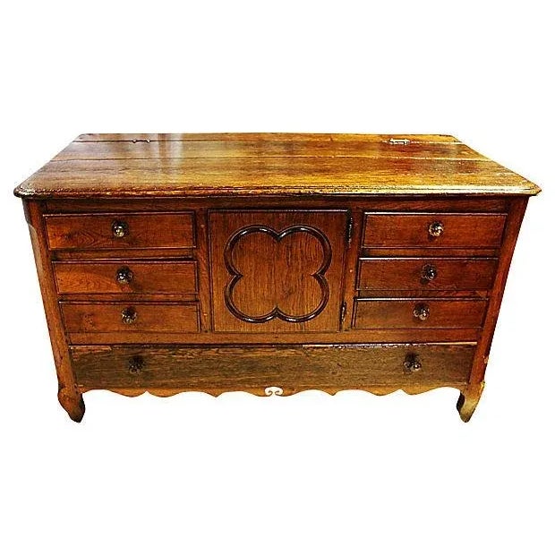 18th-century French Country oak trunk converted in the 1900s ago into a practical and solid cabinet with five drawers and...