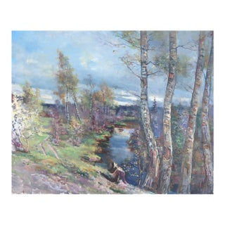 Antique Spring Landscape Oil Painting, Ukrainian Impressionism, 72-90 For Sale