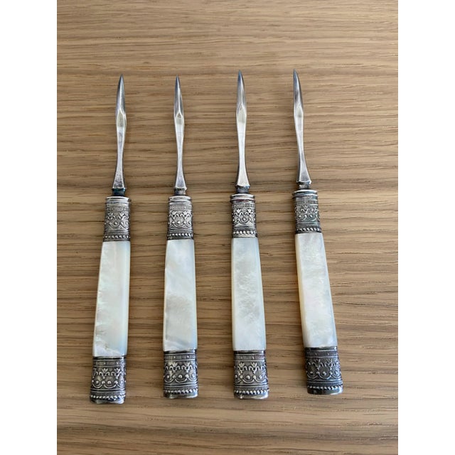 Set of 4 Vintage Mother-of-Pearl Nut Picks With Silverplate Ferrules For Sale - Image 4 of 4