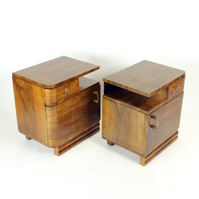 Art Deco Bedside Tables in Walnut, Czechoslovakia, 1930s, Set of 2 For Sale - Image 11 of 14