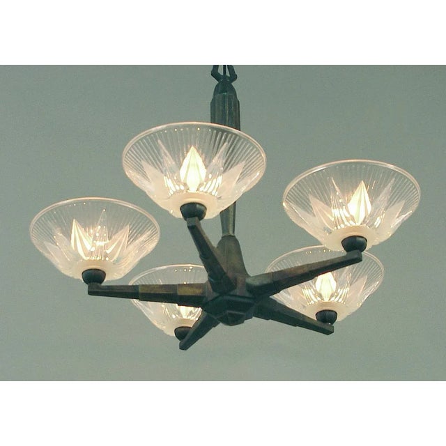 Art Deco 1930s 5-Light French Art Deco Bronze Chandelier, "The Best" Opalescent Shades For Sale - Image 3 of 6