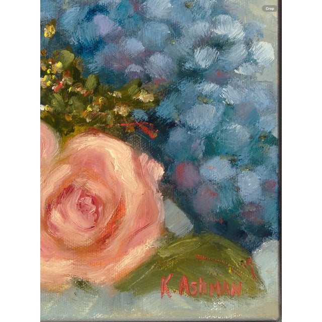 Blue Hydrangea Coastal Floral With Pink Roses, "Beloved" Framed Oil Painting by Artist Kristin Ashman For Sale - Image 4 of 4