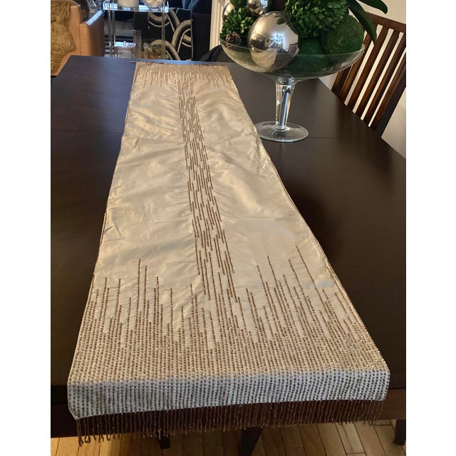 Modern Sethi & Sethi Modern Glam Beaded Fringe Silk Throw/ Table Runner For Sale - Image 3 of 7