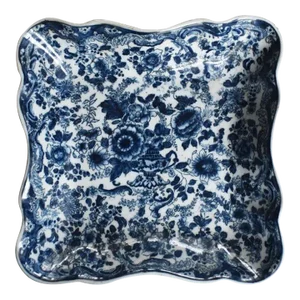 Ceramic Blue and White Chinoiserie Floral Square Scalloped Edge Bowl
