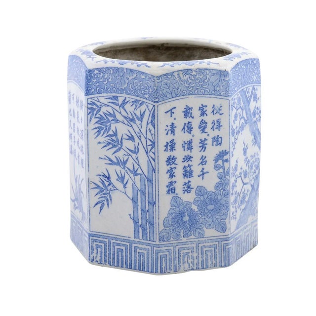 Vintage Chinese Blue & White Hexagonal Porcelain Vase with Hand-Painted Foliage Décor For Sale - Image 13 of 13