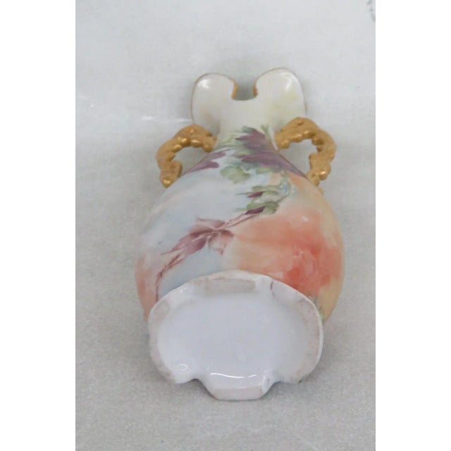 Porcelain Blue Orange Hand Painted Floral Footed Gold Double Handle Vase For Sale - Image 10 of 12