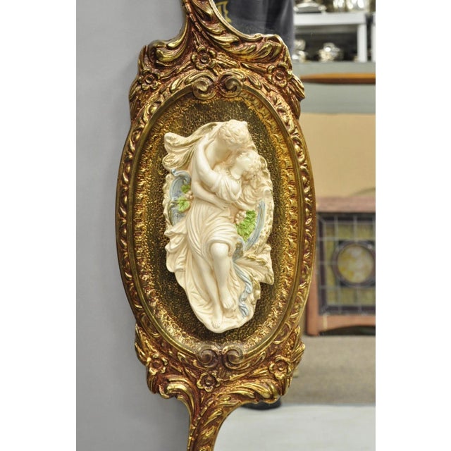 Gold Vintage French Rococo Large Gold Wall Mirror With Bisque Figural Lovers Plaques For Sale - Image 8 of 12