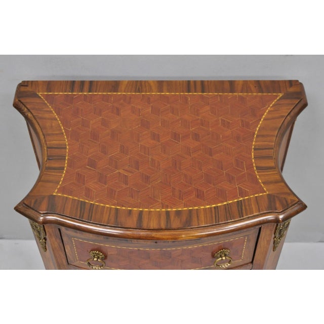 French Vintage French Louis XV Style Marquetry Inlay 2 Drawer Nightstand Commode Table For Sale - Image 3 of 16