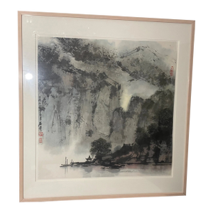 Large Vintage 1992 Original Chinese Ink Watercolor Mountain Landscape Painting