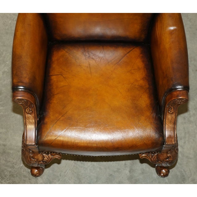 Brown Pair of Antique Heavily Carved Hand Dyed Brown Leather Throne Armchairs For Sale - Image 8 of 18