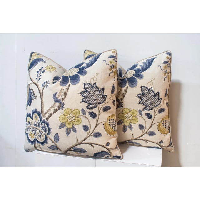 -Custom pair of designer pillows 21 x 21 in. - Linen fabric with blue and green floral pattern, backed with a neutral...