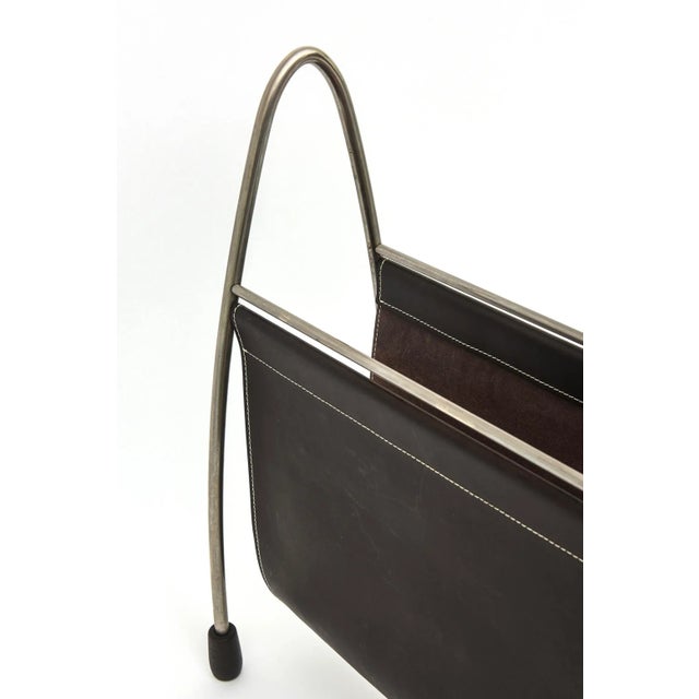 Modern Swing Brown Stiched Leather, Stainless Steel and Rubber Feet Magazine Stand For Sale In Miami - Image 6 of 12