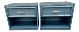 Blue Faux Bamboo Wooden Nightstands - A Pair
