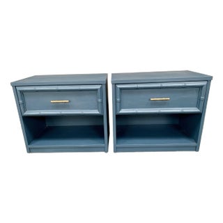 Vintage Blue Faux Bamboo Wooden Nightstands - A Pair For Sale
