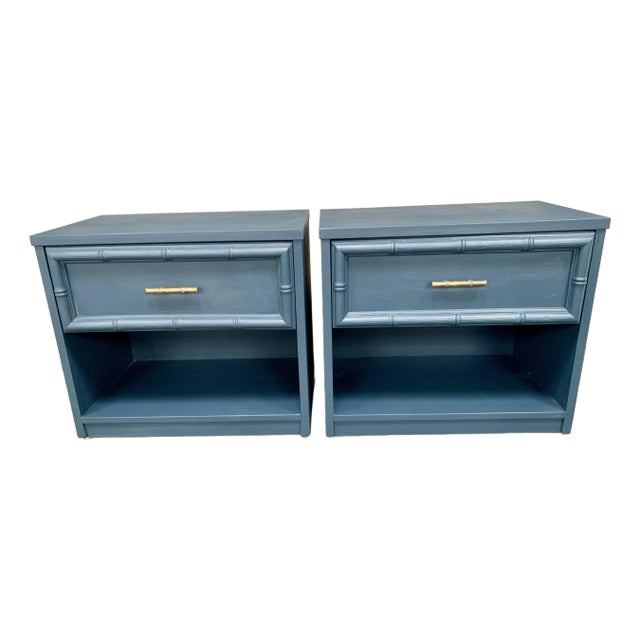 Vintage Blue Faux Bamboo Wooden Nightstands - A Pair For Sale