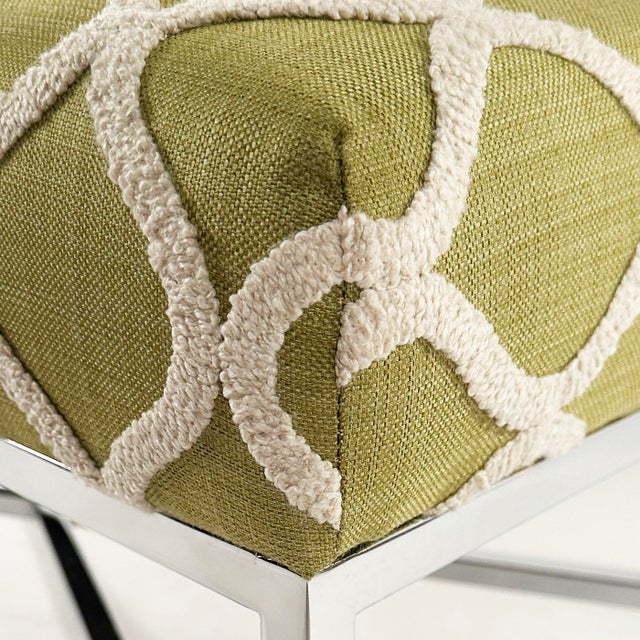 Contemporary Tufted Moss Green Metal Bench For Sale - Image 4 of 7