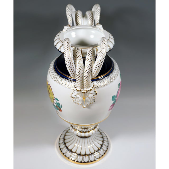 Meissen Snake Handle Vase with Flower Boquet Painting attributed to Leuteritz, 1880s For Sale - Image 5 of 11