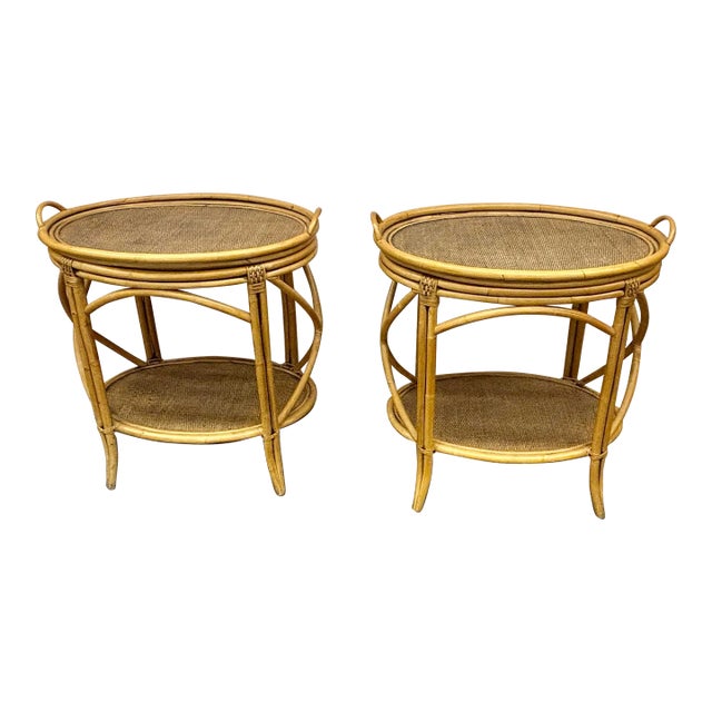 A Pair of Vintage Mid 20th Century Coastal Oval Bamboo Rattan Side Tables For Sale