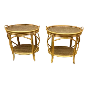 A Pair of Vintage Mid 20th Century McGuire Coastal Bent Bamboo and Rattan Oval Bar Tables, With Removable Serving Trays.