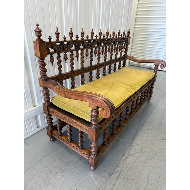 Wood Renaissance Revival Walnut Spindle-Back Settee With Velvet Cushion, 19th Century For Sale - Image 7 of 9