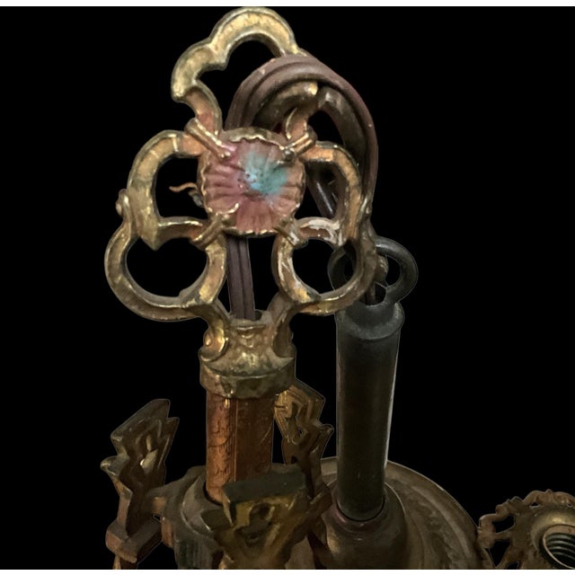 1920s Arts and Crafts, Art Deco Polychrome, Iron and Wood 3 Light Chandelier For Sale In Sacramento - Image 6 of 9