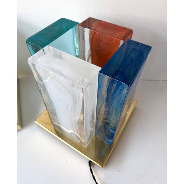 Mid-Century Modern Contemporary Pair of Lamps Cubic Pennellate Murano Glass and Brass, Italy For Sale - Image 3 of 13