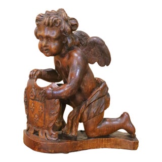 18th Century French Carved Oak Winged Putto With Fleur-De-Lys Heraldic Shield For Sale