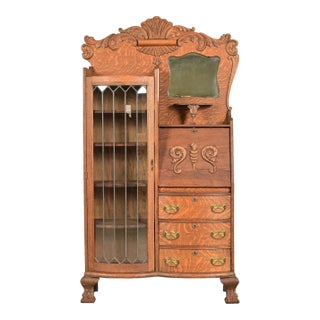 Antique Victorian Carved Tiger Oak Side-by-Side Bookcase With Drop Front Secretary Desk, Circa 1900 For Sale