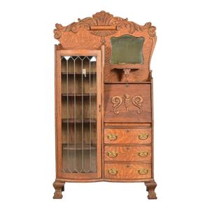 Antique Victorian Carved Tiger Oak Side-by-Side Bookcase With Drop Front Secretary Desk, Circa 1900