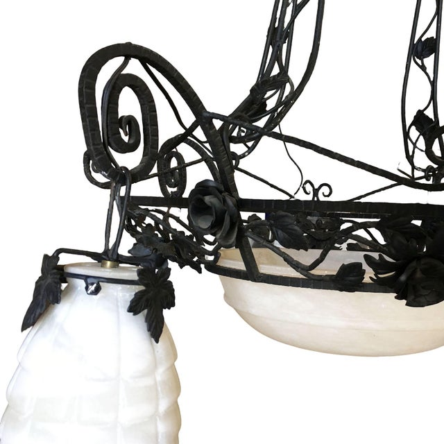 Metal 1990s French Country Style Wrought Iron 4 Light Chandelier W/ Alabaster Shades For Sale - Image 7 of 7