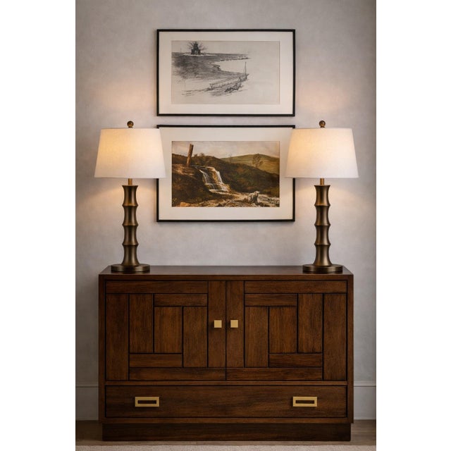 Wood Late 20th Century Sculptural Segmented Column Aged Bronze Finish Table Lamps Bamboo Form Influence 32” H (L324) - a Pair For Sale - Image 7 of 8