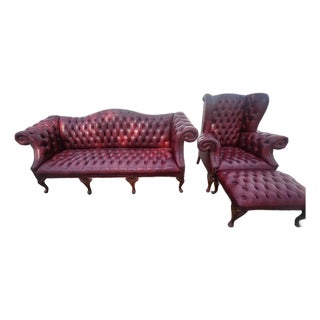Vintage Carolina Leather House Oxblood Tufted Chesterfield Sofa, Wingback Chair & Ottoman - 3 Piece Set For Sale