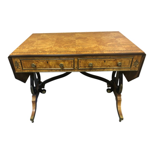 Baker Furniture Lyre Motife Birdseye Maple Drop-Leaf Writing Desk For Sale