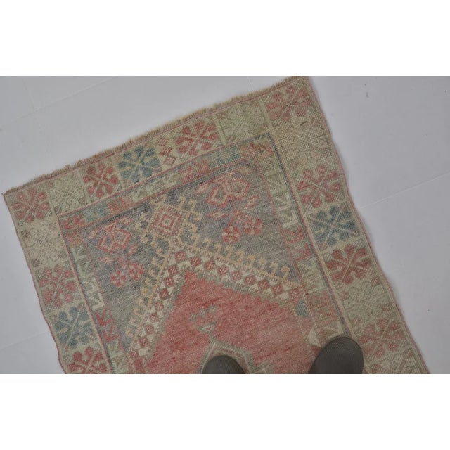 Geometric Medallion Turkish Rug, Low Pile Distressed Antique Rug For Sale - Image 10 of 10