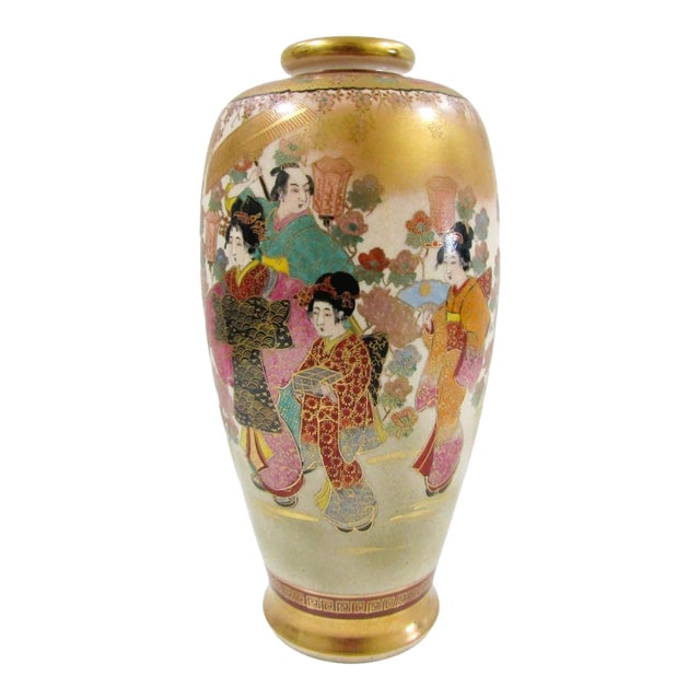 Antique Satsuma Vase With Geishas Elegant Ladies in Landscape For Sale
