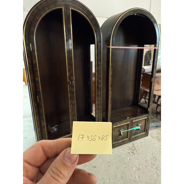 Pair of Burl Wood Dark Olive Green Dome Shape Vitrine Cabinets Mastercraft MINT