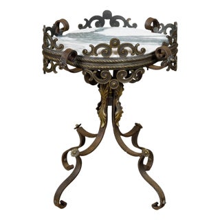 19th Century French Iron and Brass Guéridon Table with Quatrefoil Inspired Marble Top For Sale