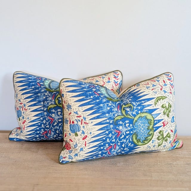 Quadrille Les Indiennes Lumbar Pillows in Blue, Rouge and Green With Green Cord For Sale - Image 4 of 7
