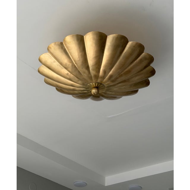 Art Deco Brass Flush Mount Ceiling Light | Scalloped Flower Fixture, Brushed Brass For Sale - Image 4 of 6