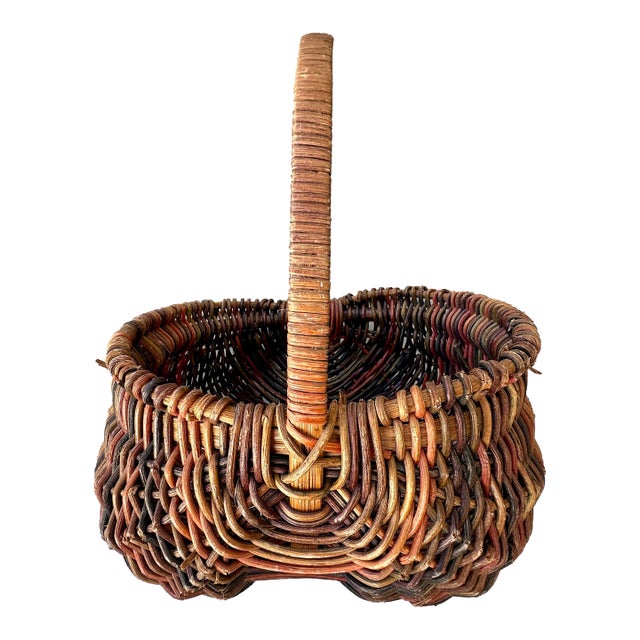 Vintage 1900s Rustic Multicolored “Buttocks” Rattan Wicker Basket For Sale