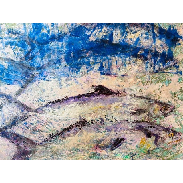 An expressive original abstract fish composition by artist Joan Jardine, rendered in richly layered oil with dynamic...