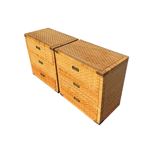 Vintage Wicker Rattan Pair of Chest of Drawers Dressers With Brass Campaign Style Hardware For Sale In New York - Image 6 of 13