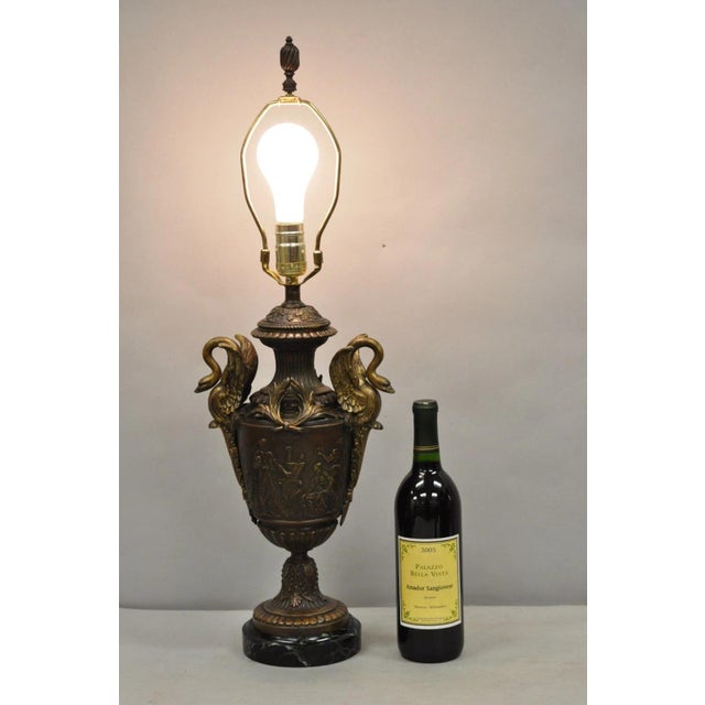 Antique French Neoclassical Style Bronze Urn Figural Swans Table Lamp Signed "France, Picault" after Emile Louis Picault...