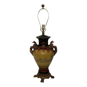 Contemporary French Provincial Scene Guild Bird Figure Handles and Claw Feet Lamp, Maitland Style