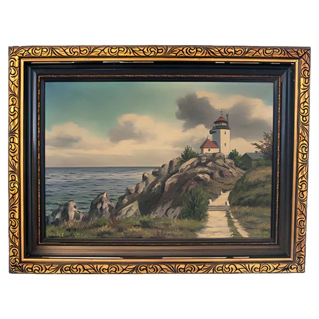 Vintage Lantern Painting on Canvas with Golden Frame For Sale