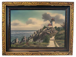 Vintage Lantern Painting on Canvas with Golden Frame