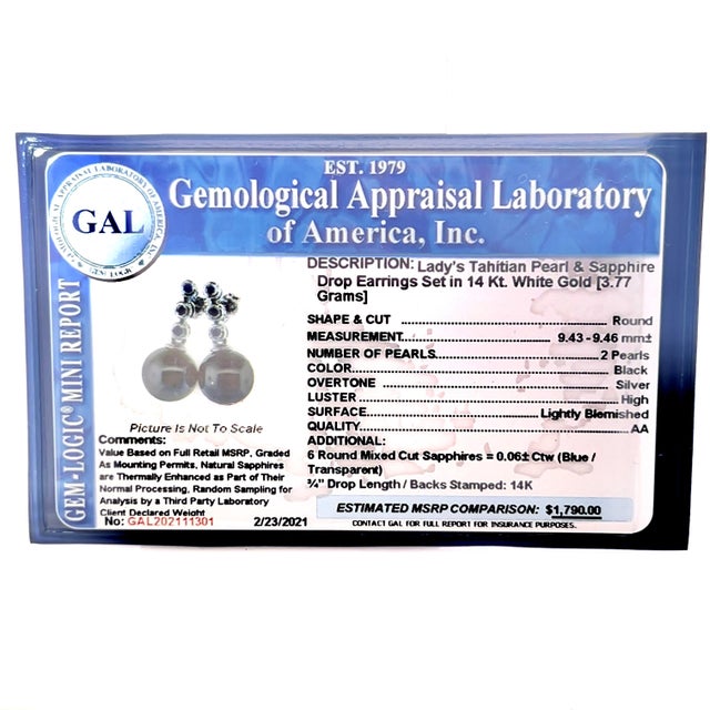 Black Tahitian Pearl & Sapphire Earrings 14k Gold 9.46 mm Certified For Sale - Image 8 of 11