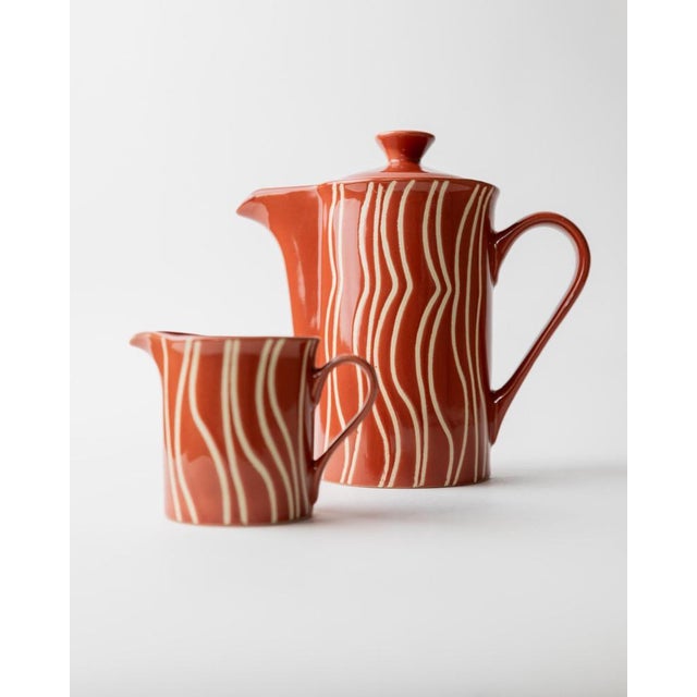 Mid-Century Striped Rust Orange Ceramic Teapot with Lid and Creamer, 1970s For Sale - Image 11 of 12