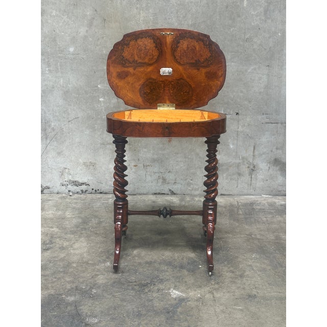19th C English Burl Walnut Sewing Table Barley Twist Legs 1857 For Sale - Image 4 of 15
