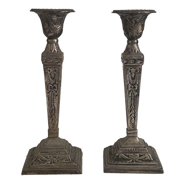 Victorian Silver-Plated Metal Candlesticks, Set of 2 For Sale